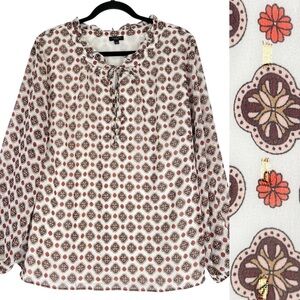 Talbots Printed metallic jacquard blouse Top Sz 2XP Petite White Maroon Red Gold